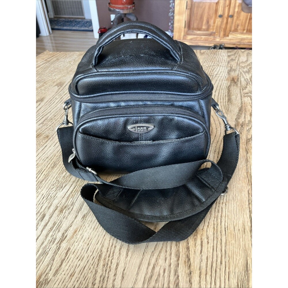 Vintage ICON Faux Leather Camera Bag Black Adjustable Divider Shoulder Strap